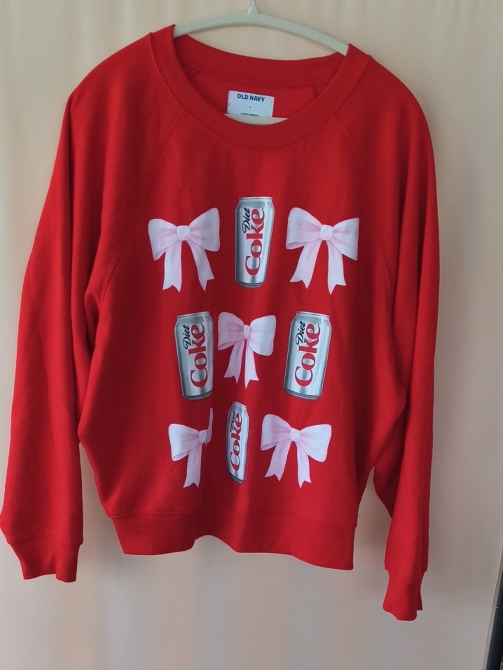 NWOT Old Navy Diet Coke Red Sweatshirt with Pink Bow & Soda Can Motif Size L